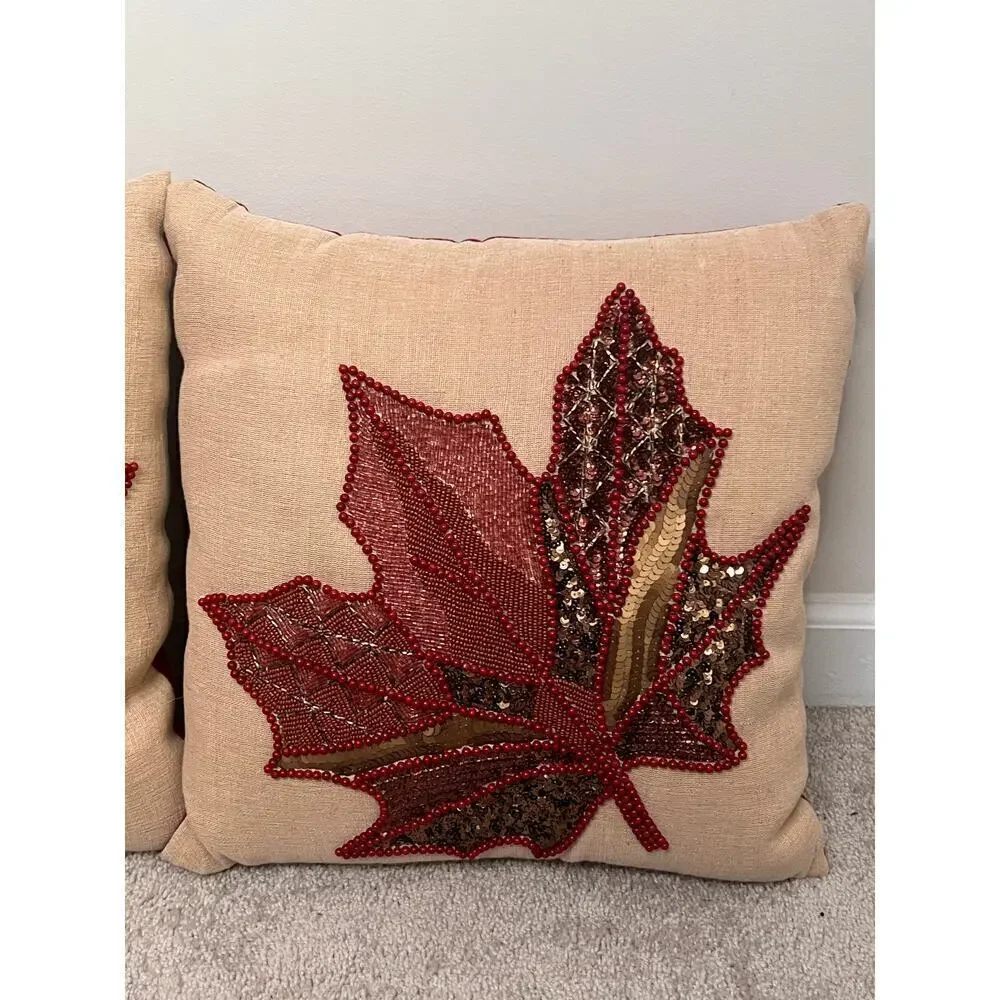 Pier 1 Linen Blend Beaded Sequin Leave Design Pillows 14x14 Set of 2 - Picture 4 of 10